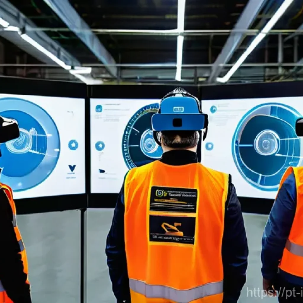 산업재해분석 관련 인기 기업 분석 - **Prompt:** A dynamic and brightly lit industrial training facility where a diverse group of five yo...