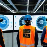 산업재해분석 관련 인기 기업 분석 - **Prompt:** A dynamic and brightly lit industrial training facility where a diverse group of five yo...