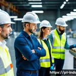 산업재해 예방 우수 기업 사례 - A dynamic industrial factory scene showcasing active leadership engagement in workplace safety: a di...