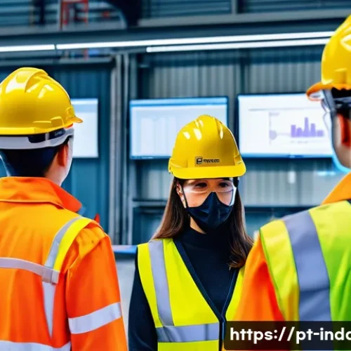 산업재해 예방 관련 기업과 협력 사례 - A diverse group of industrial workers wearing safety gear and uniforms, engaged in a collaborative s...