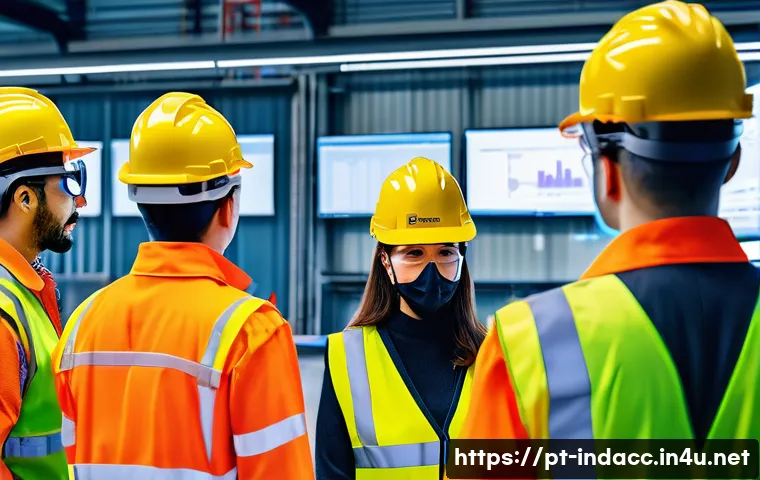 산업재해 예방 관련 기업과 협력 사례 - A diverse group of industrial workers wearing safety gear and uniforms, engaged in a collaborative s...