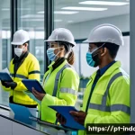 산업재해 분석과 관련된 데이터 처리 윤리 - A modern industrial workplace scene showing diverse workers wearing safety gear and protective cloth...