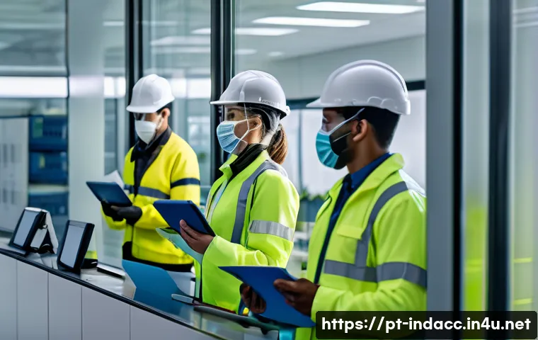 산업재해 분석과 관련된 데이터 처리 윤리 - A modern industrial workplace scene showing diverse workers wearing safety gear and protective cloth...