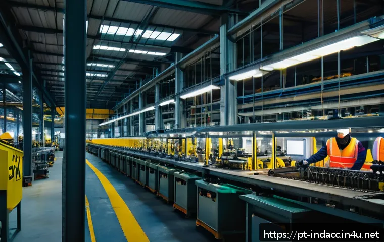 산업재해 분석 보고서 템플릿 - Industrial factory interior scene showing a detailed view of a manufacturing plant sector during a n...