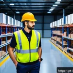 Home 23 산업재해 예방을 위한 현장 개선 사례 - A modern industrial warehouse interior showcasing a well-organized workspace with wide, clearly mark...