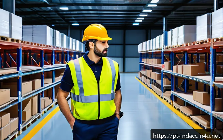 산업재해 예방을 위한 현장 개선 사례 - A modern industrial warehouse interior showcasing a well-organized workspace with wide, clearly mark...