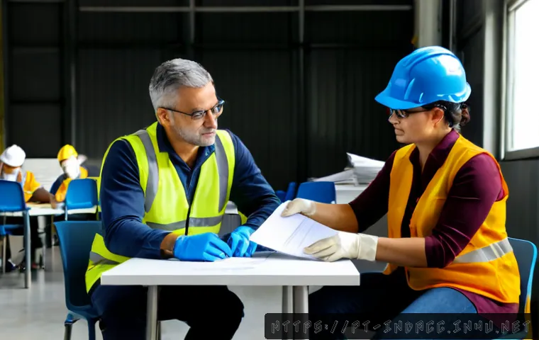산업재해와 노동자 권리 보호 사례 - Photorealistic workplace safety consultation in a modern Portuguese manufacturing facility, a middle...